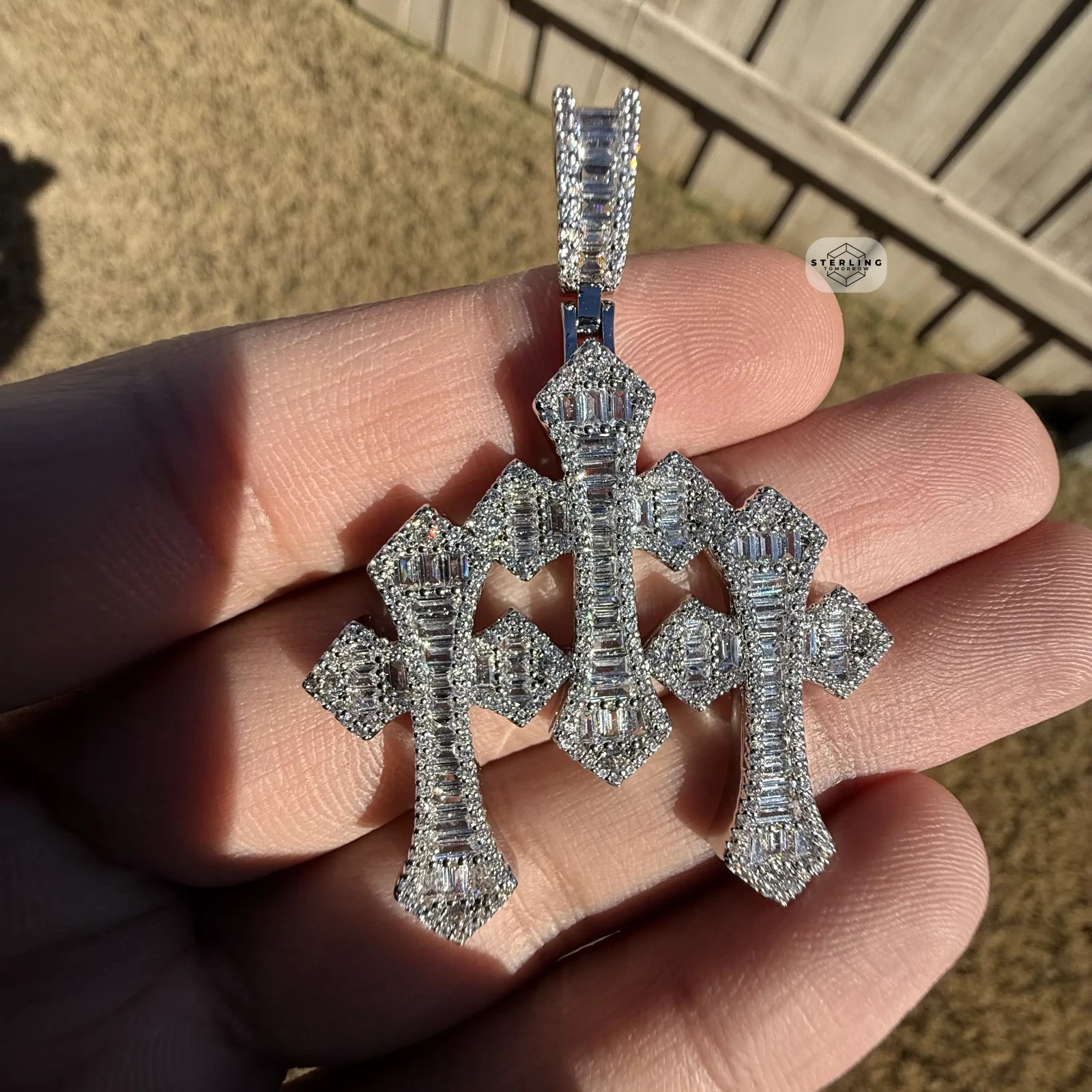 Triple Cross Baguette 14k White Gold Plated Iced Pendant + Steel Rope Chain