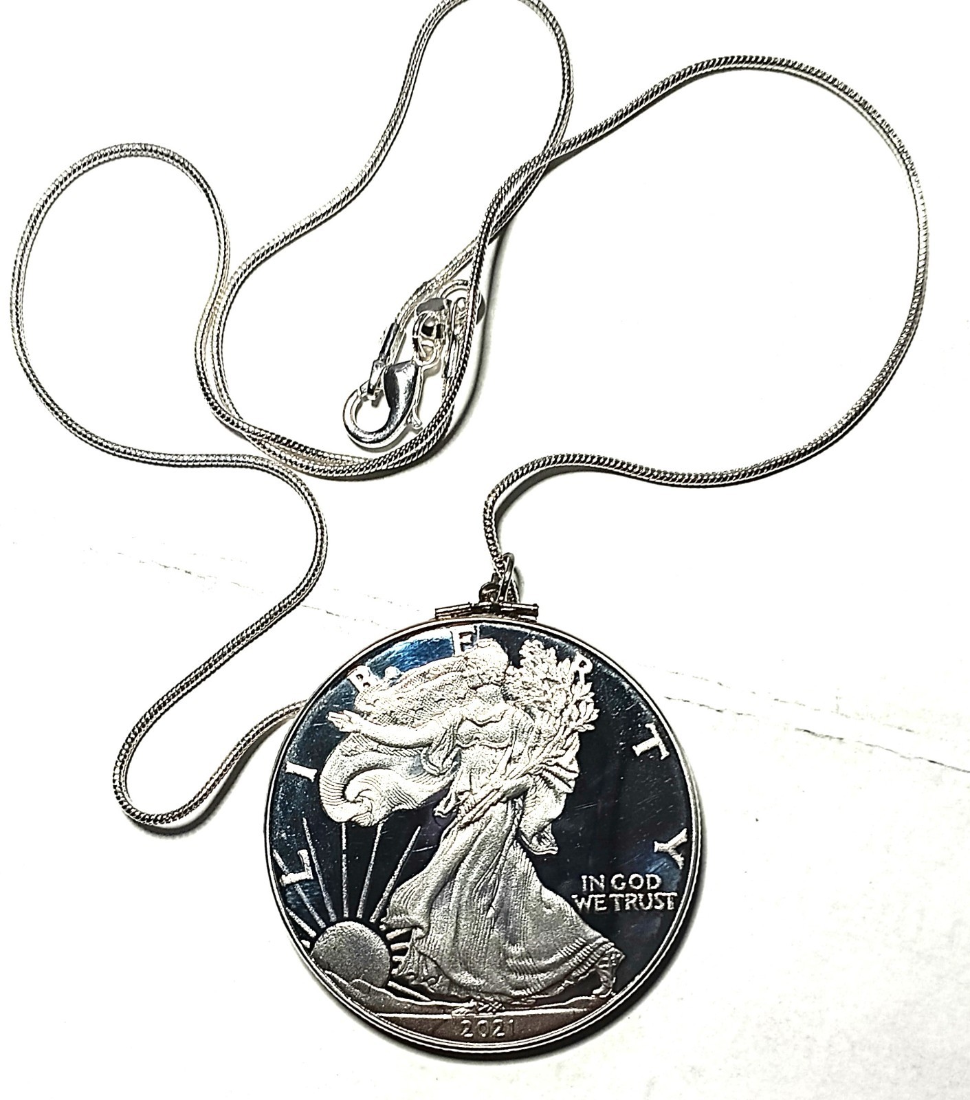 Silver-Plated Coin Necklace w/20″ 925 Sterling Solid Silver 1mm Snake Chain