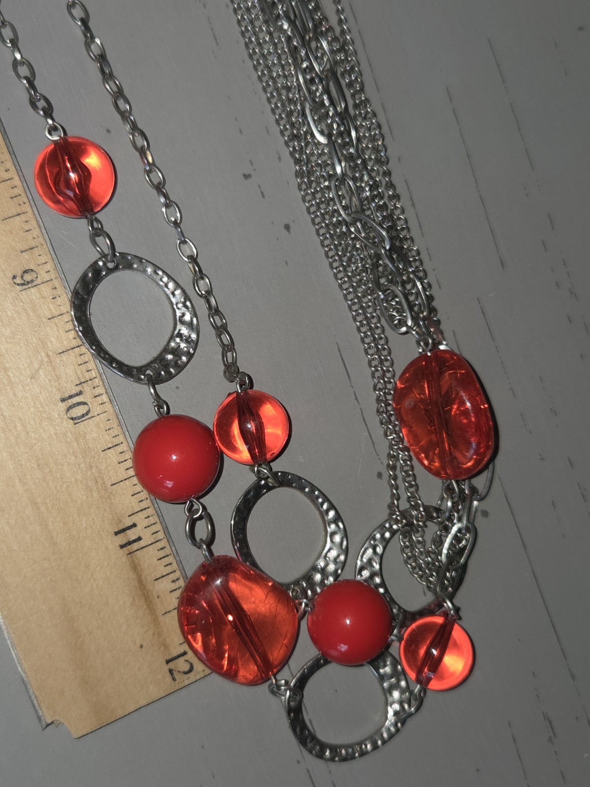 2 Red Bead Necklaces Silvertone Chain 18 Inch And 32 Inch