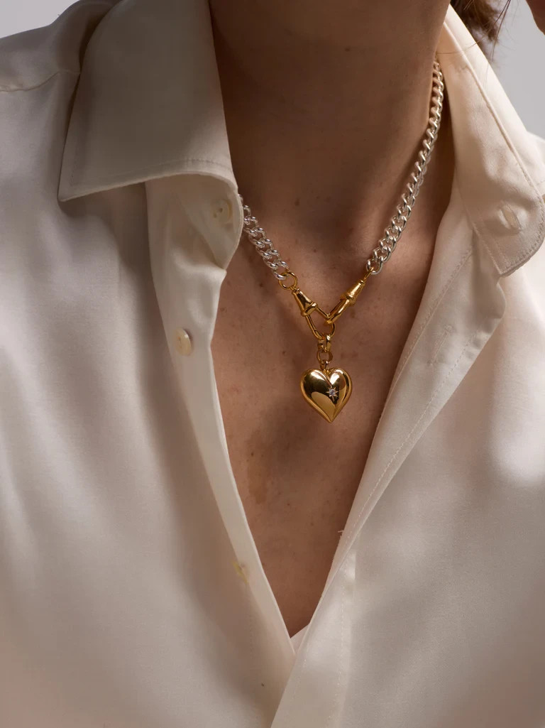 Two Tone Curb Link Chain Necklace Brass Metal Heart Necklace for gift