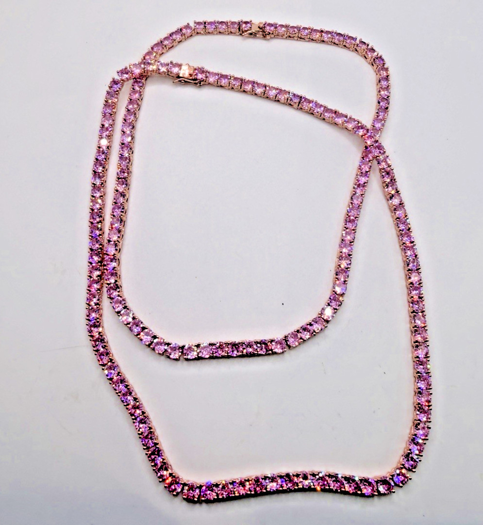 Pink CZ Crystal Tennis Necklaces Rose Gold 16 And 18 Inch 4mm Lot Of Two