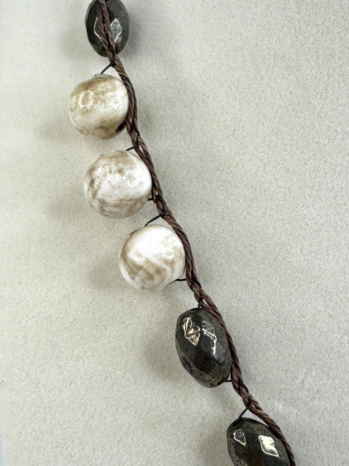 Conch Shell Pendant Necklace Pyrite Smoky Beads Silver Tone Boho Artisanal