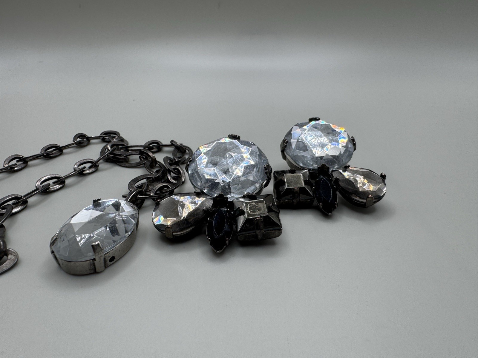 Rachel Zoe Necklace Earrings Set Bold Statement Clear Grey Black Chain Signed