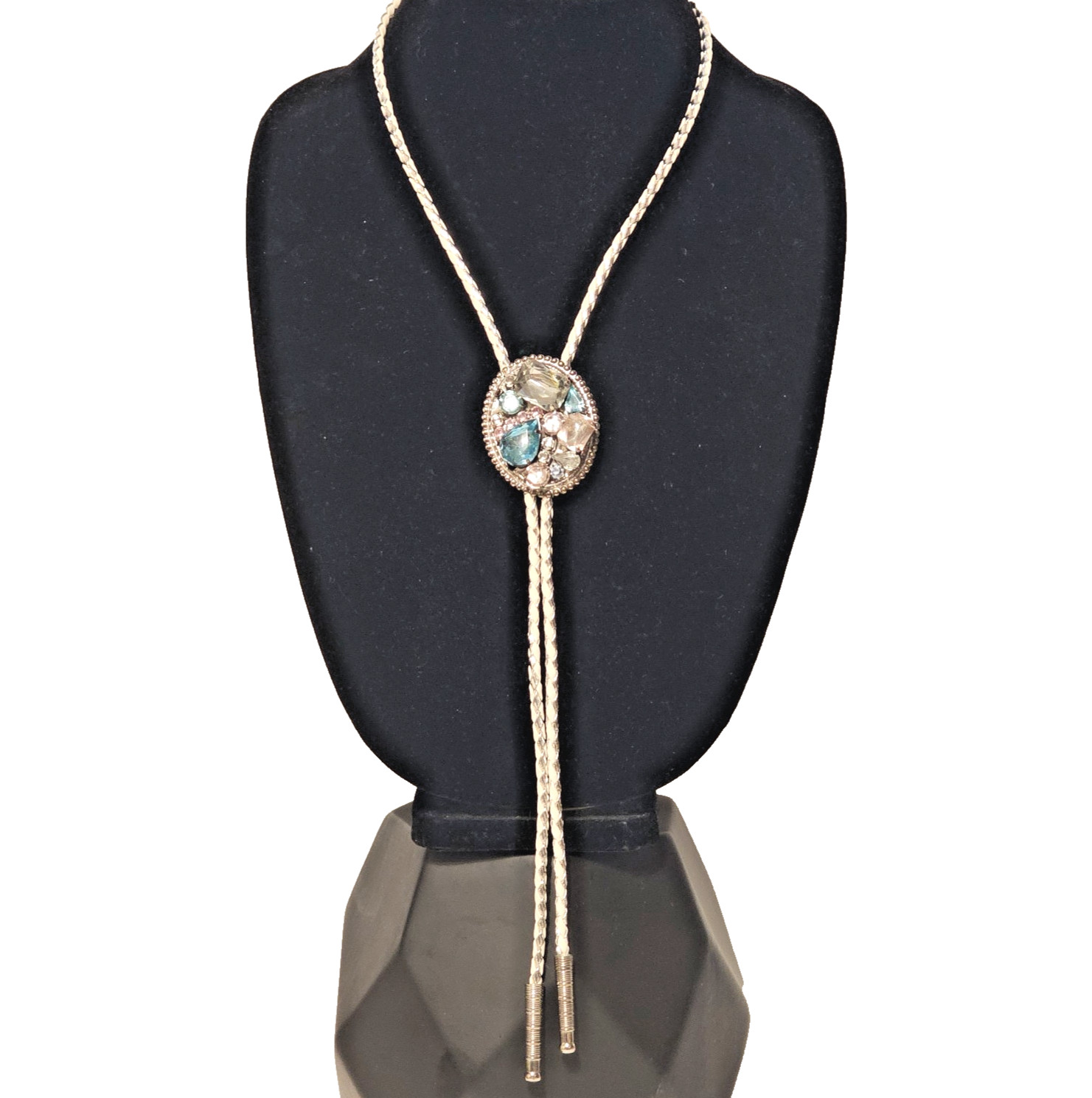 VTG White Silver Tone Braided Bolo Tie Chunky Crystal Prong Set Stones SW GLAM