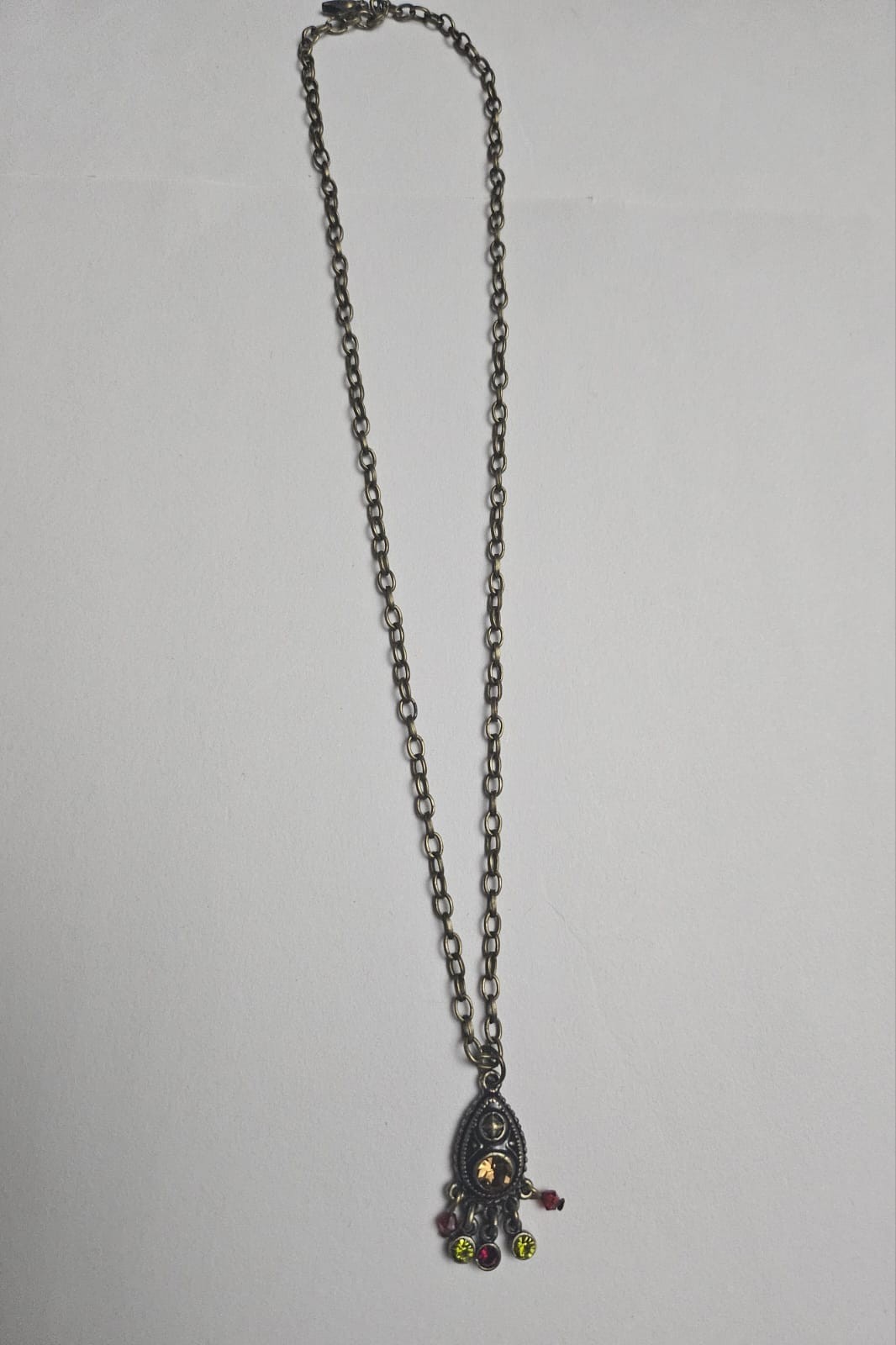 Vintage Boho Rhinestone Pendant Necklace Bronze Tone Multicolor Dangle Charm