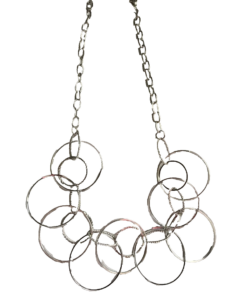 NEW Silver Tone Hoop Necklace Multiple Layers Interconnected Variated Circles
