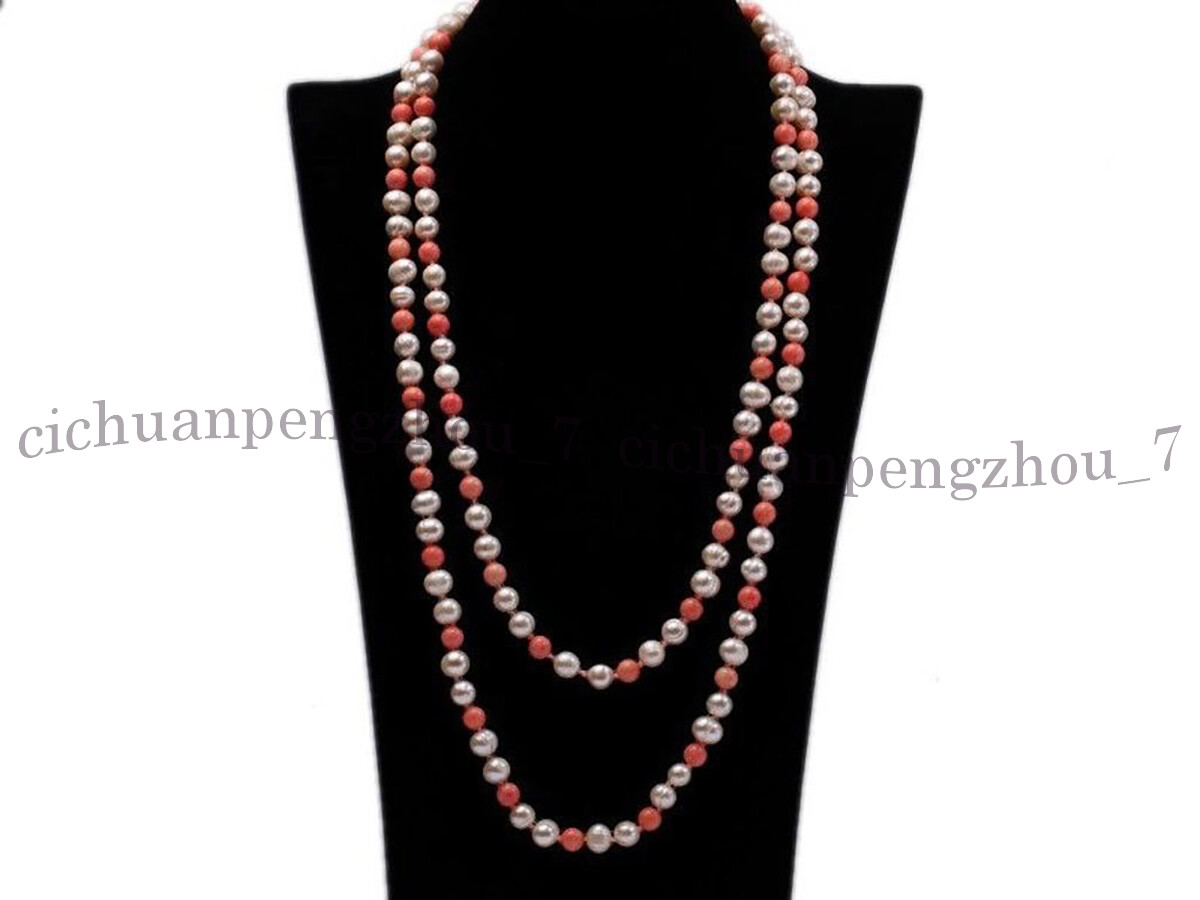 Natural 7-8mm White Freshwater Pearl 8mm Pink Coral Round Beads Necklace 36-100″