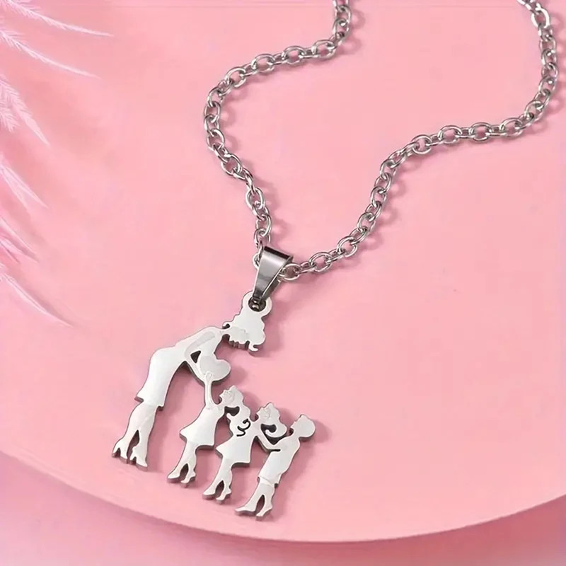 Mother Child Heart Necklace Stainless Steel Family Figure Pendant Jewelry