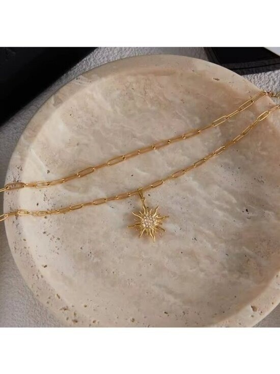 Double Layer Necklace w/cz Sun Pendant Gold Layered Necklace Summer Jewelry