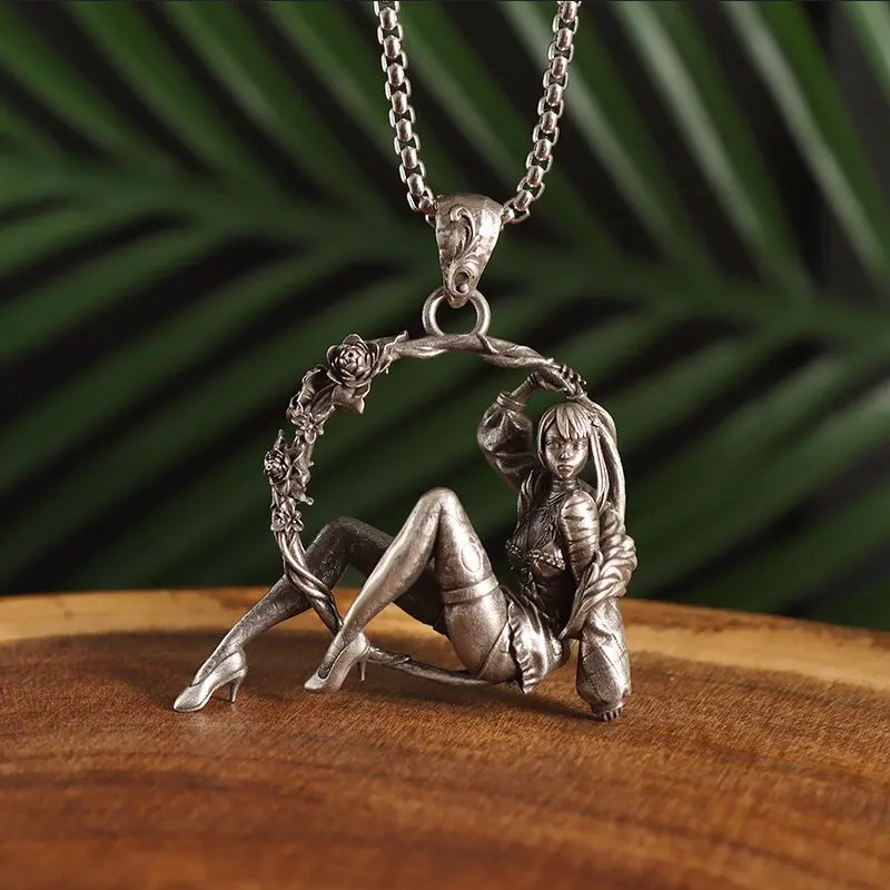 Rose Ring Beauty Jewelry Vintage Silver Sexy Goddess Swinging Pendant Necklace