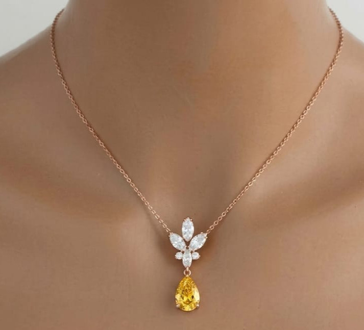 4ct Pear Cut Simulated Yellow Citrine/Diamond Drop Necklace 14k Rose Gold Plated
