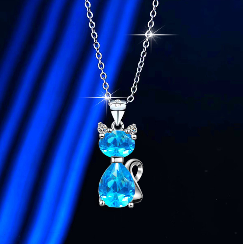 925 Silver CAT PENDANT NECKLACE CZ Blue Pink Purple CRYSTAL 18″ Gift Box P5