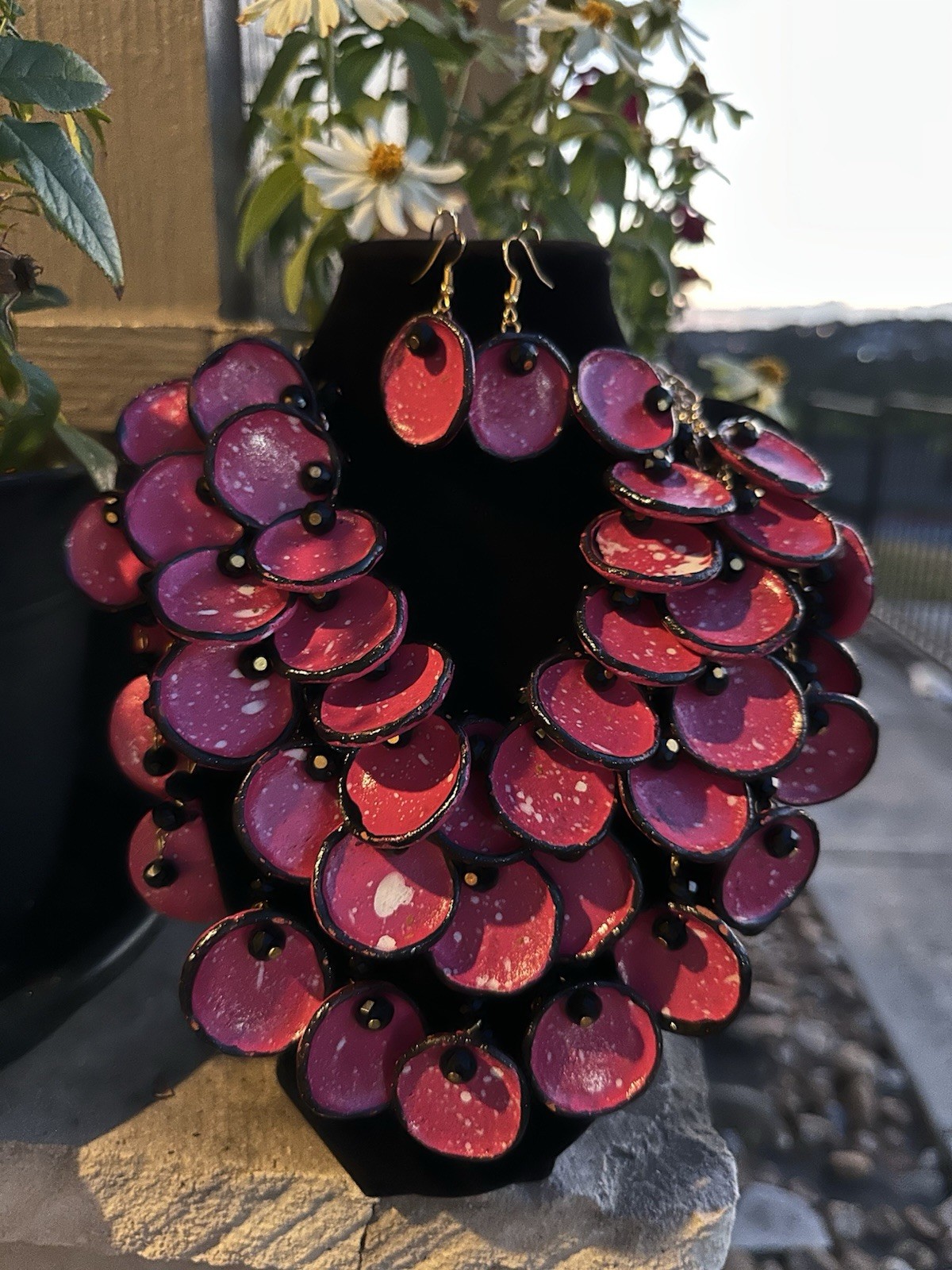 Mexican Handmade Necklace Collar Bib Choker Little Ceramic Jar In Pink/Earrings