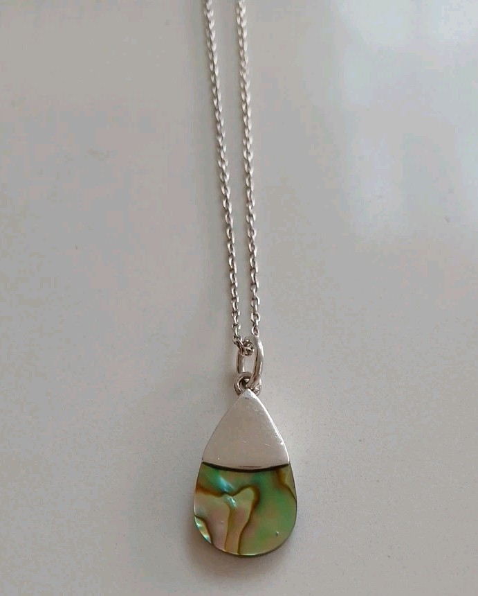 STERLING SILVER & ABALONE SHELL TEARDROP PENDANT & NECKLACE HALLMARKED – 18 INCH
