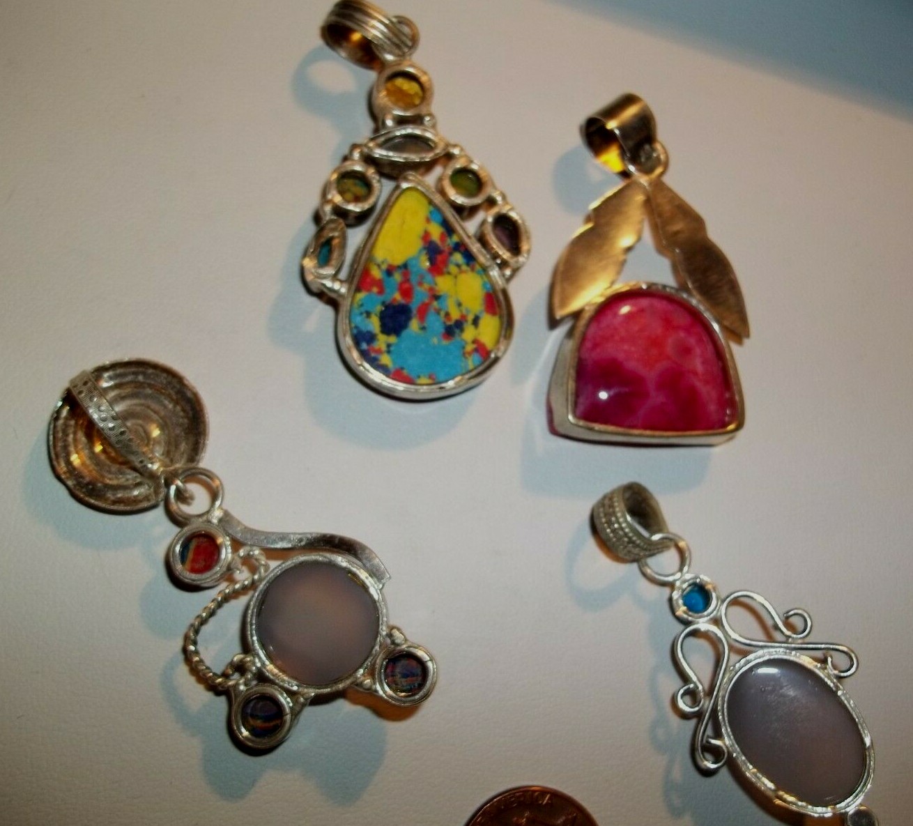 Colorful Lot of 4 Big Fun Pendants for Necklace 925 Sterling & Various Gemstones
