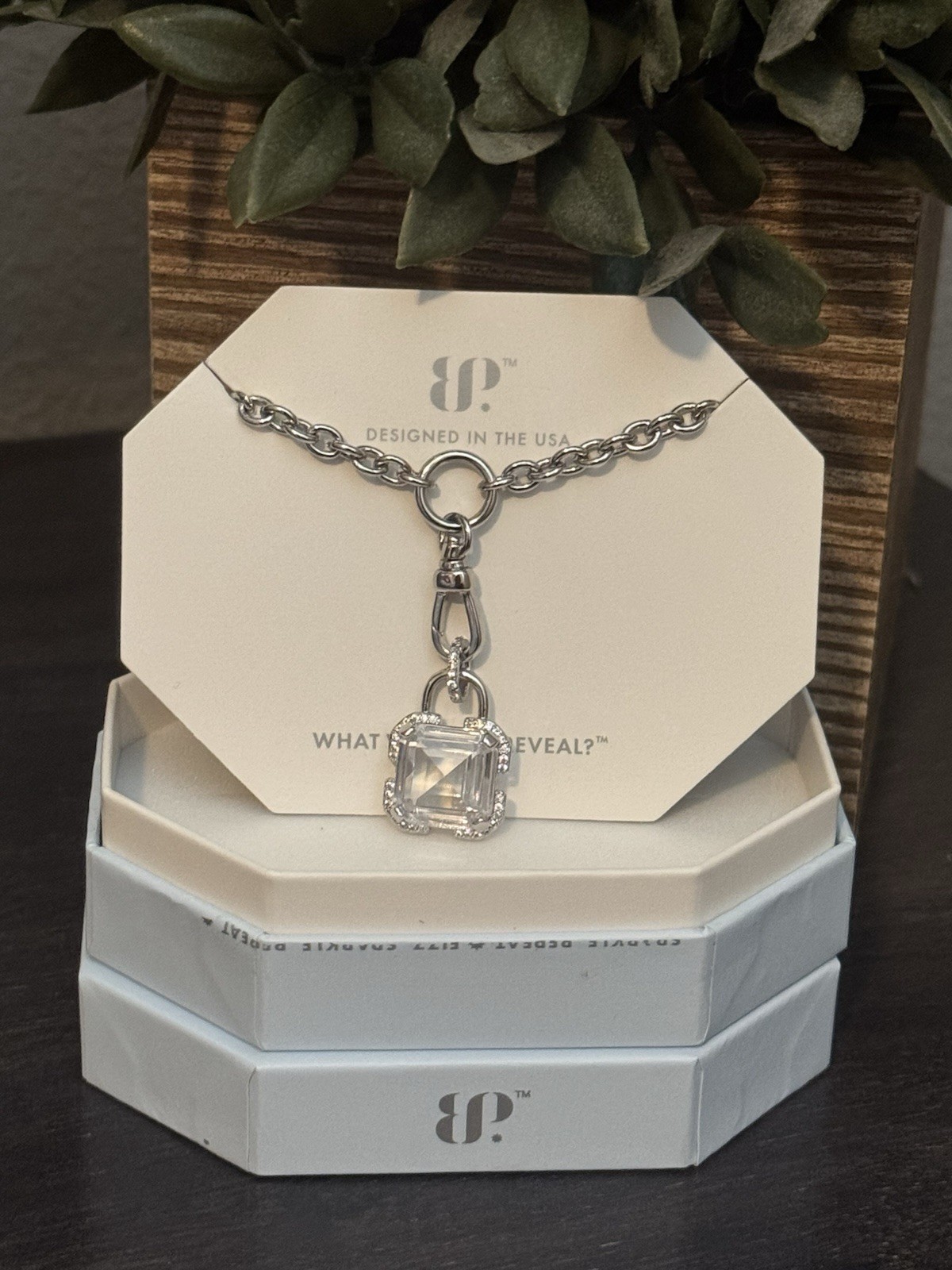 BP Diamond Cubic Zirconia Square Pendant Necklace Rhodium Plated 18″+2.5″ Ext