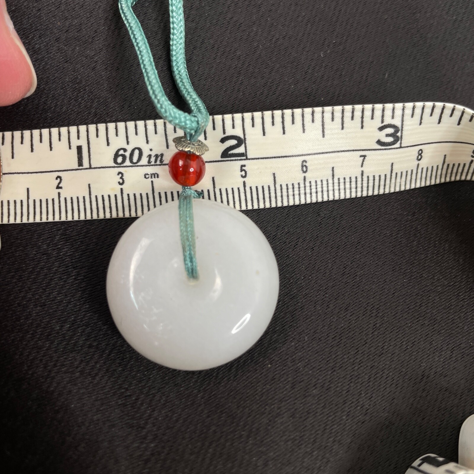 White Jade Quartz Donut Necklace Etched Chinese Happy & Prosperous Ships from US