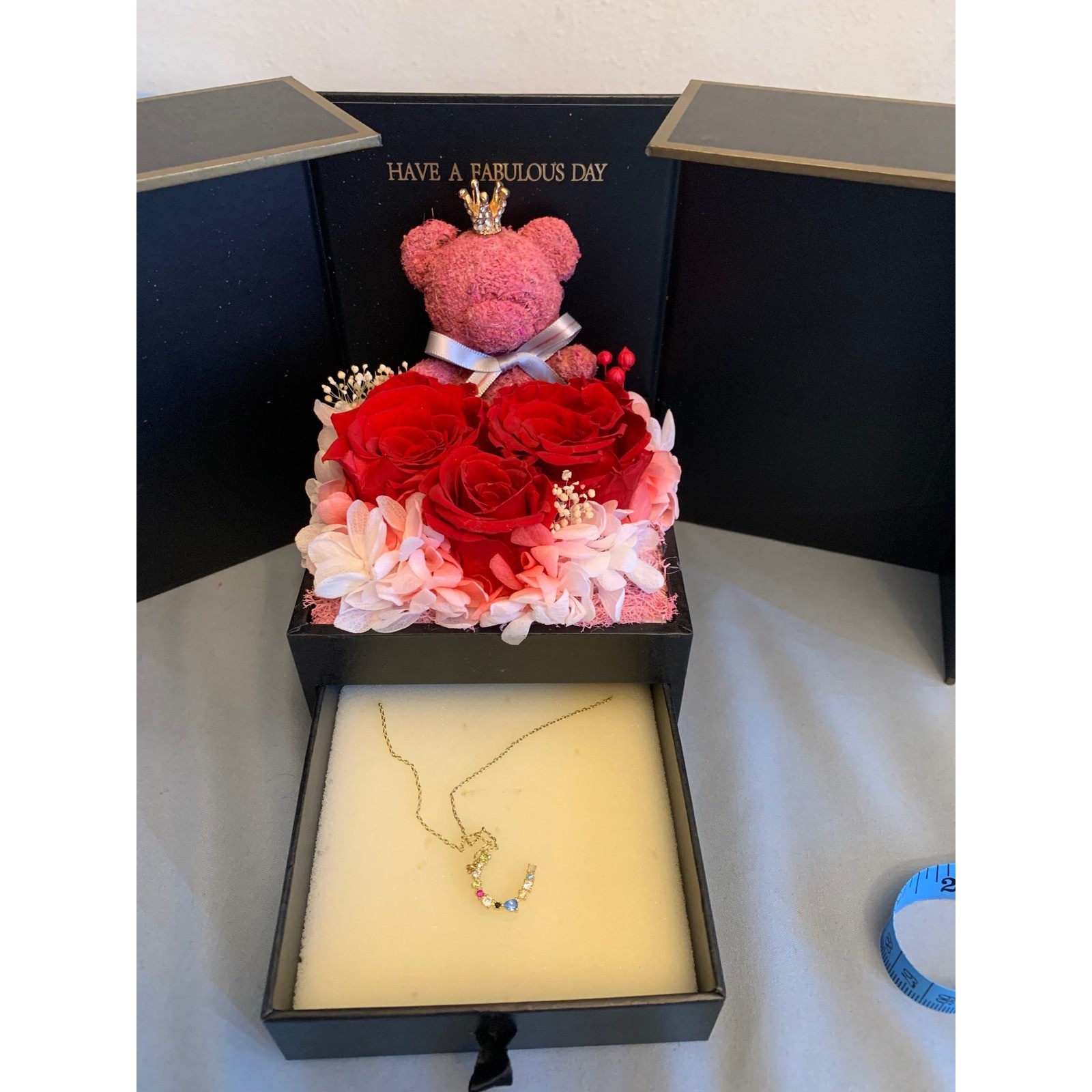 ADDwel Preserved Red Rose Gift Box with Necklace Gold Tone Bear Crown