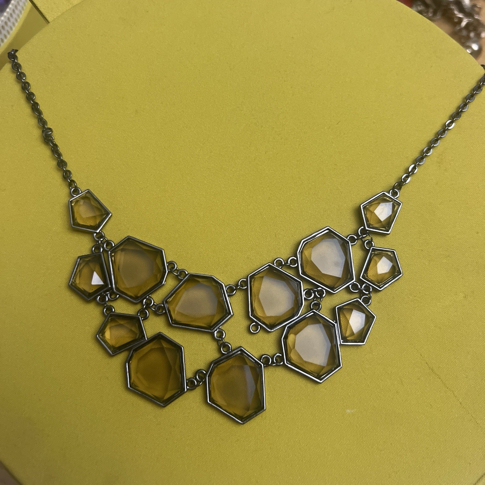 Silver Tone Statement Bib Necklace Yellow Hexagon Glass 11-Stone Adjustable