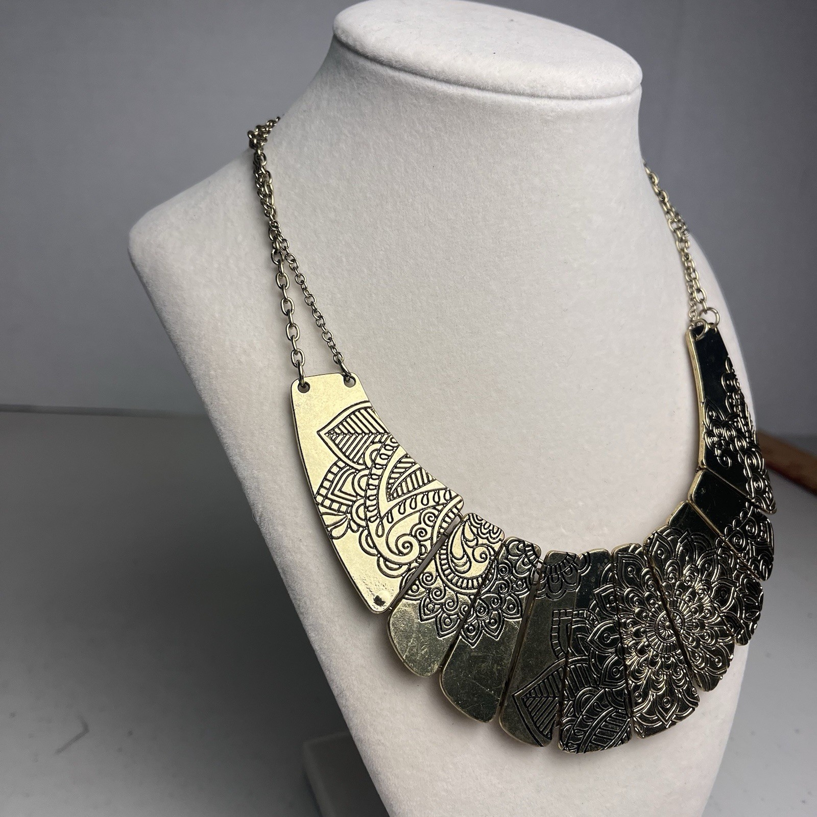 Gold Tone Bib Necklace Mandala Engraved Costume Jewelry Statement Adjustable 22″