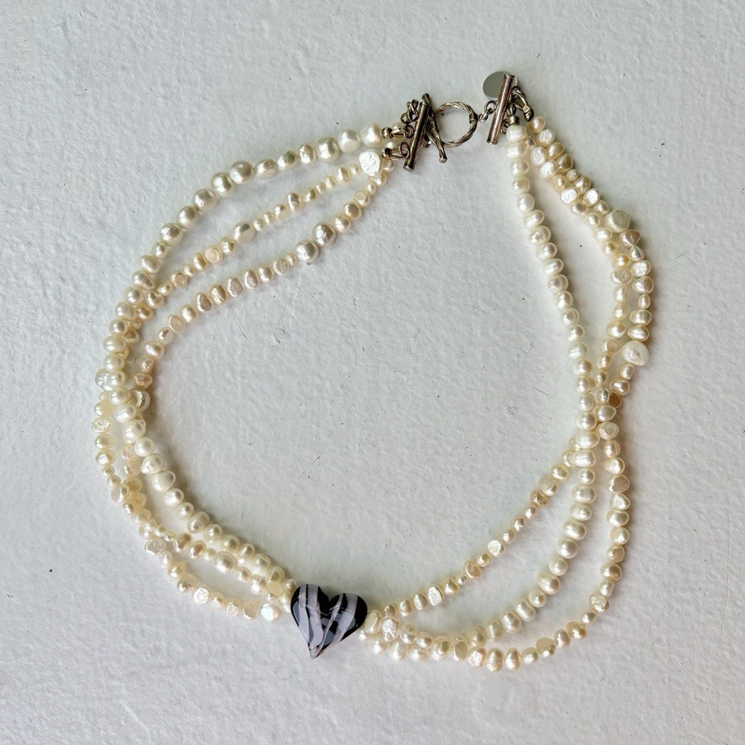 Pearl Triple Strand Natural Freshwater Pearl Necklace w/ Glass Heart Pendant