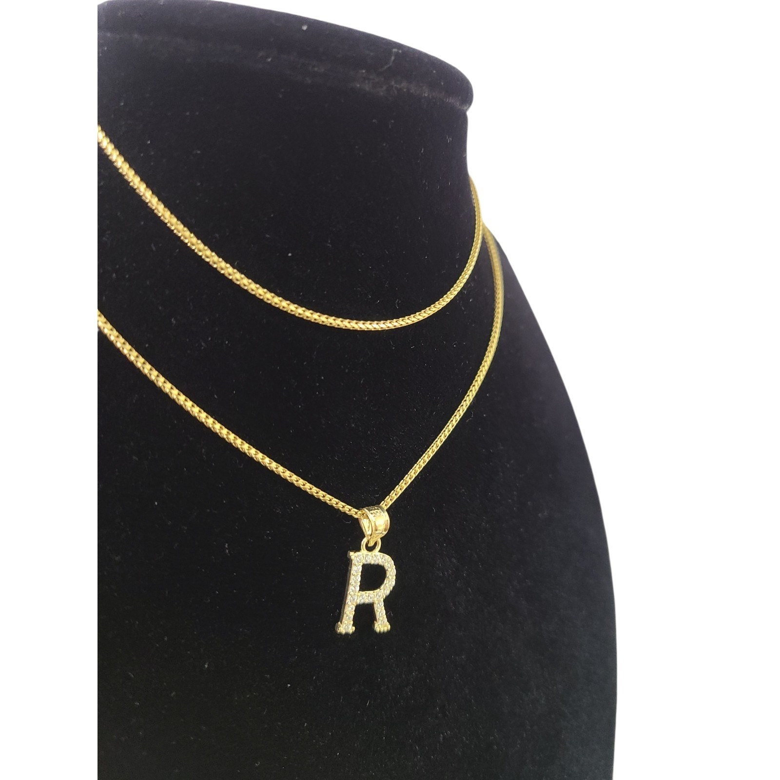 10K Gold Solid Franco Chain R Initial CZ Stone Pendant Set 1mm 16 18 20 22 Women