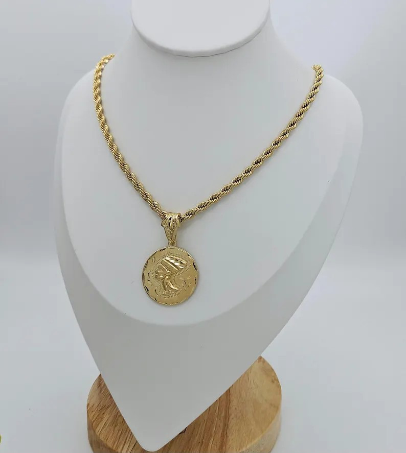 Gold Nefertiti Necklace, Medium 24mm Nefertiti Pendant, 14K Heavy plated Gold