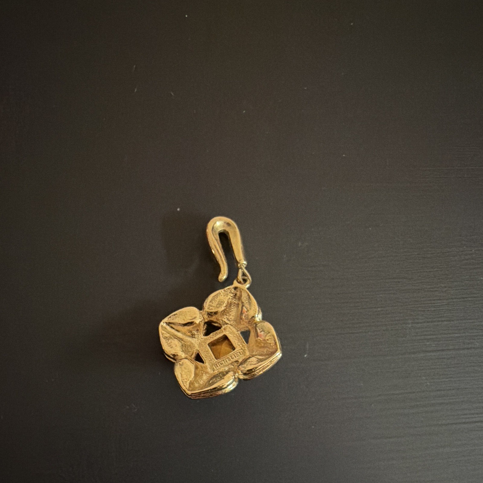 Gold Tone Metal Flower Charm Pendant Red Square Stone Crystal Accents Hook