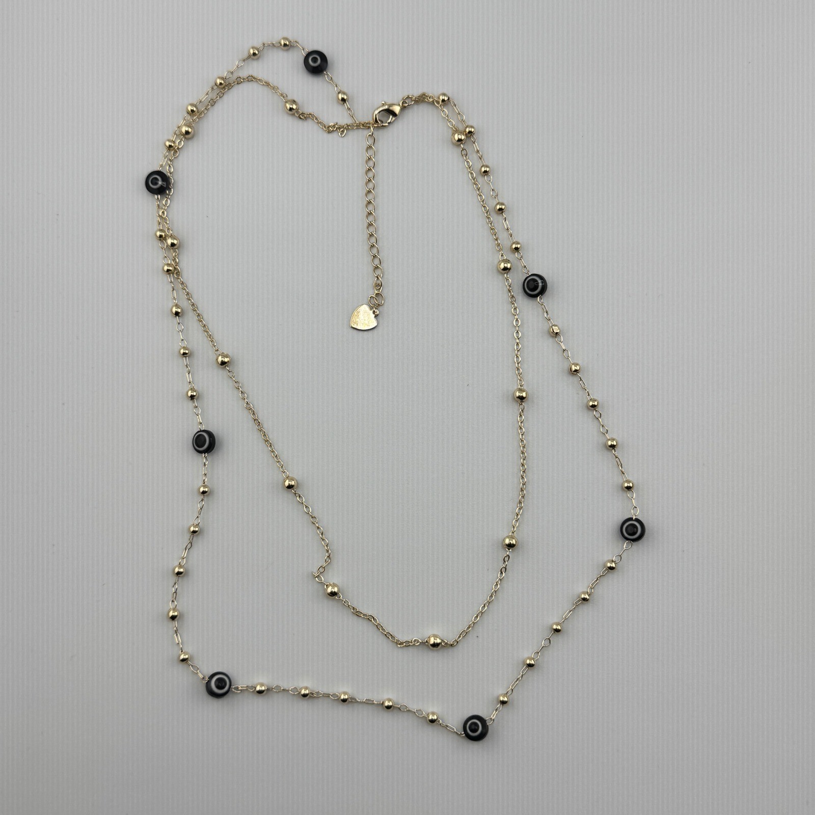 Gold Tone Double Layer Evil Eye Bead Necklace Black Accents Adjustable Clasp