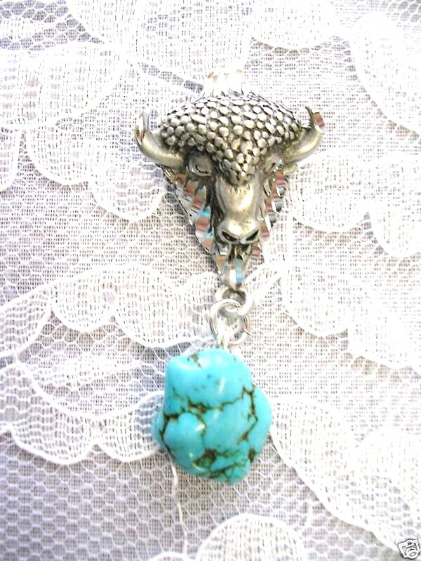 ENGRAVED BUFFALO HEAD with BLUE TURQUOISE GEMSTONE PENDANT ADJUSTABLE NECKLACE