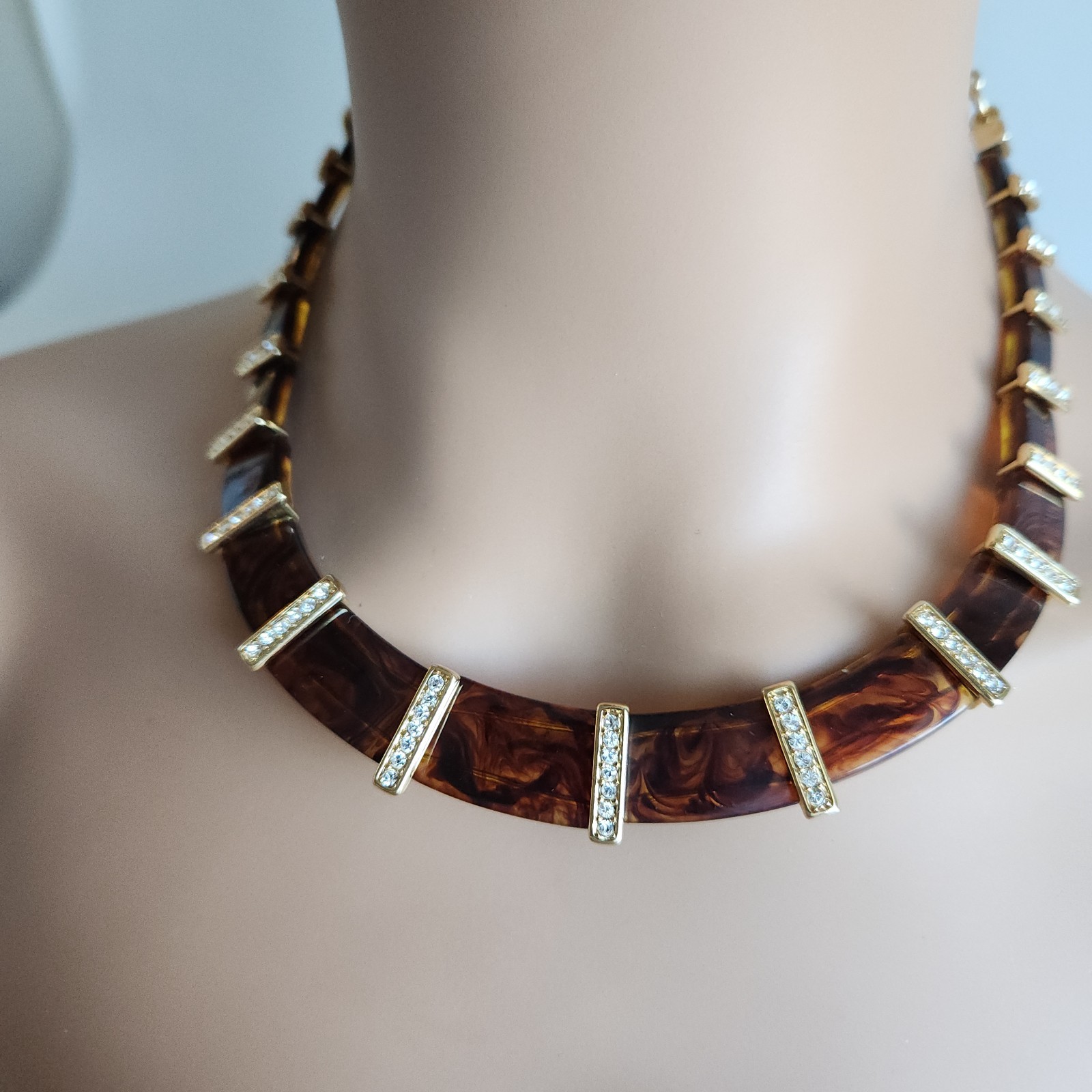 Lia Sophia Kian Lucite Rhinestone Choker Necklace Tortoise Collar