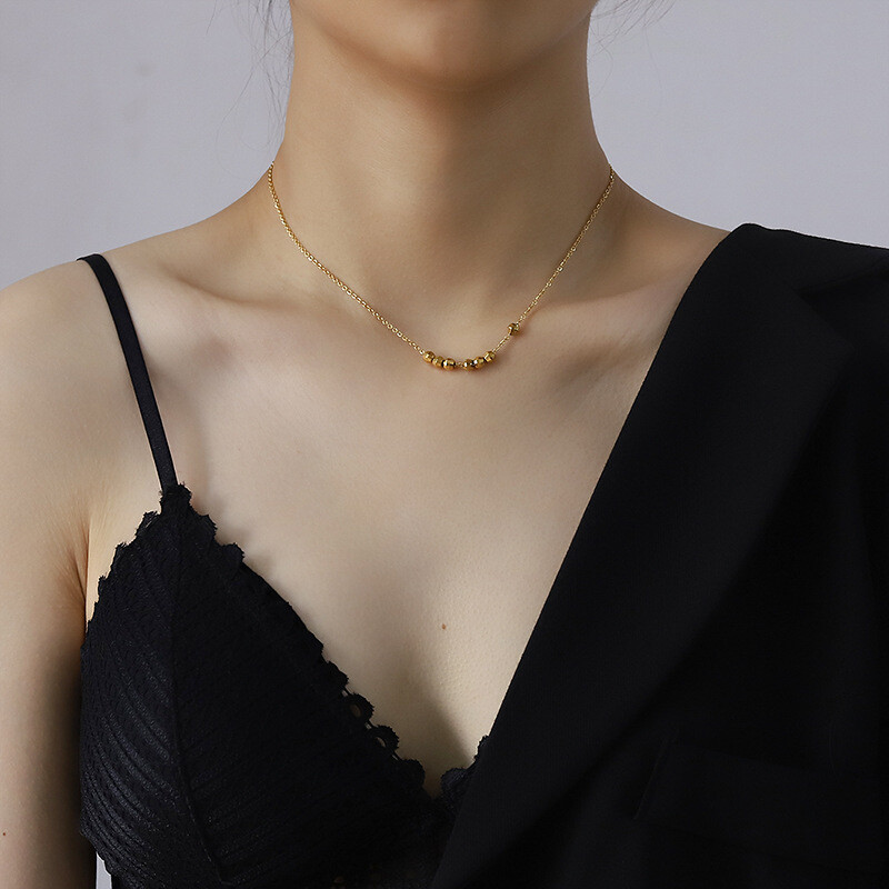 Woman Fashion 18K Gold Plated Stainless Steel Beads Balls Charm Chain Necklace
