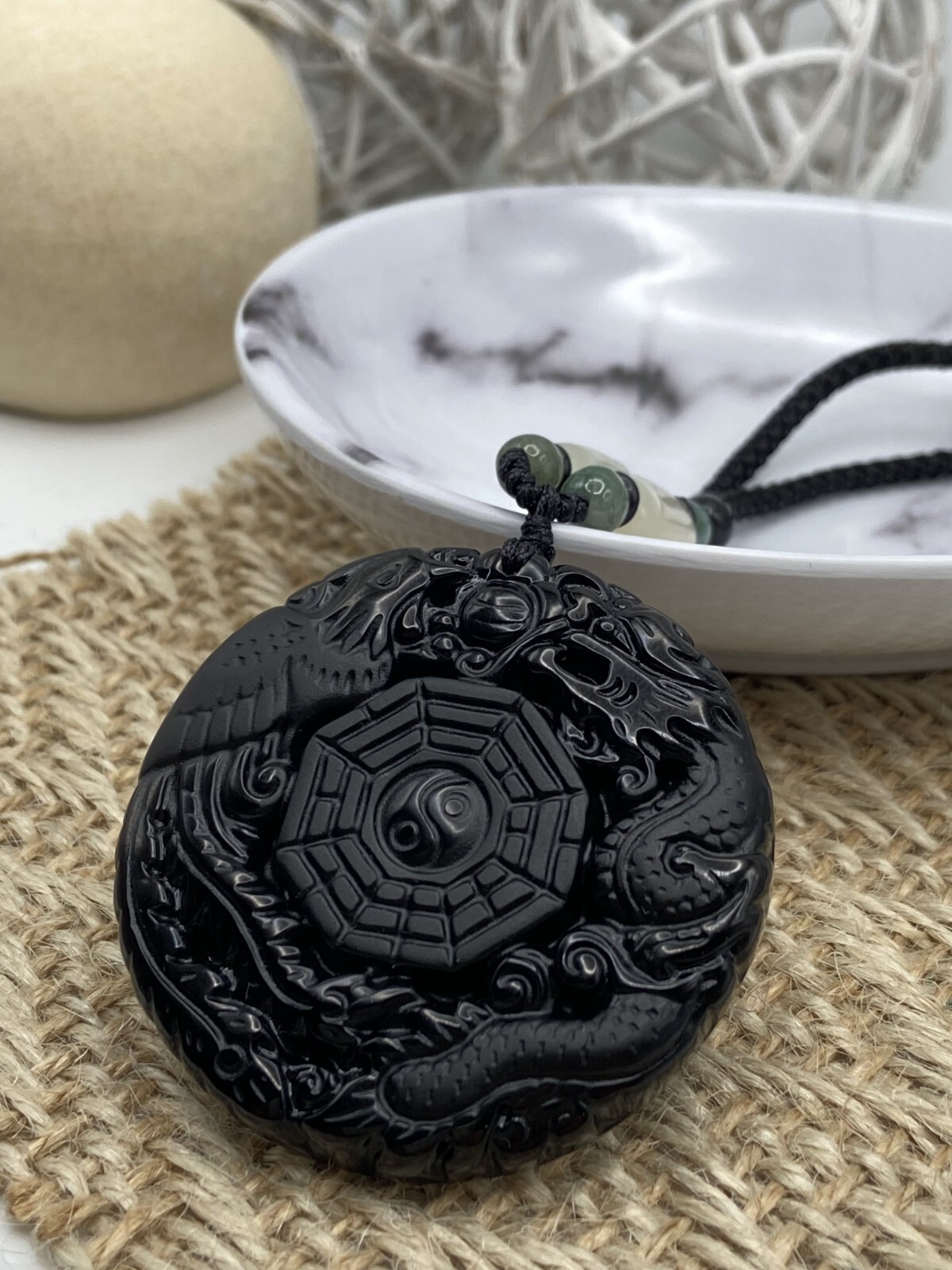 Jade Obsidian Dragon Charm Pendant Necklace Beads Cord Handmade Tai Chi diagram