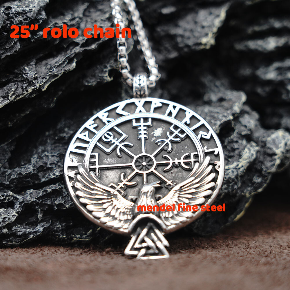 MENDEL Stainless Steel Mens Norse Viking Raven Vegvisir Pendant Necklace For Men