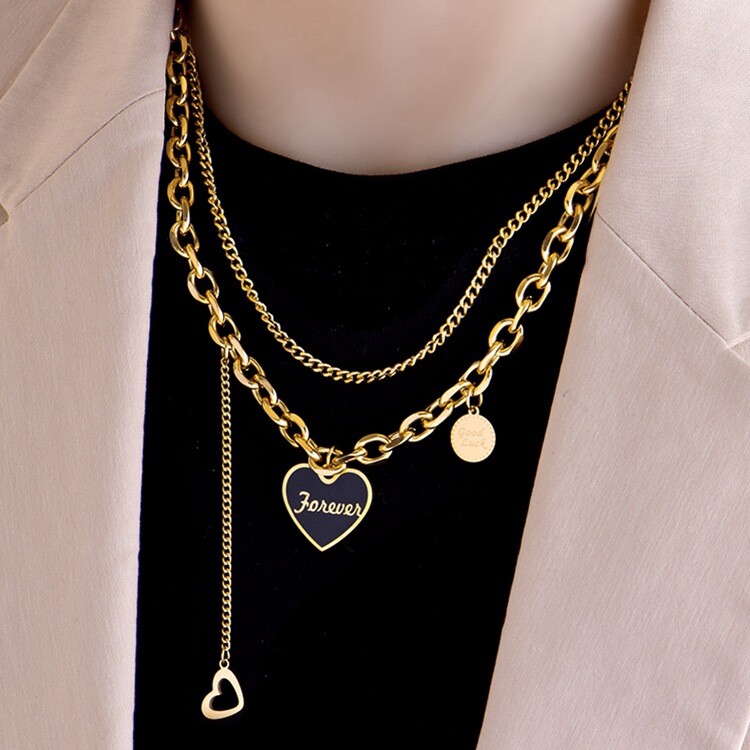 Woman 18K Gold Plated Stainless Steel 2 Layers Enamel Heart Charm Chain Necklace