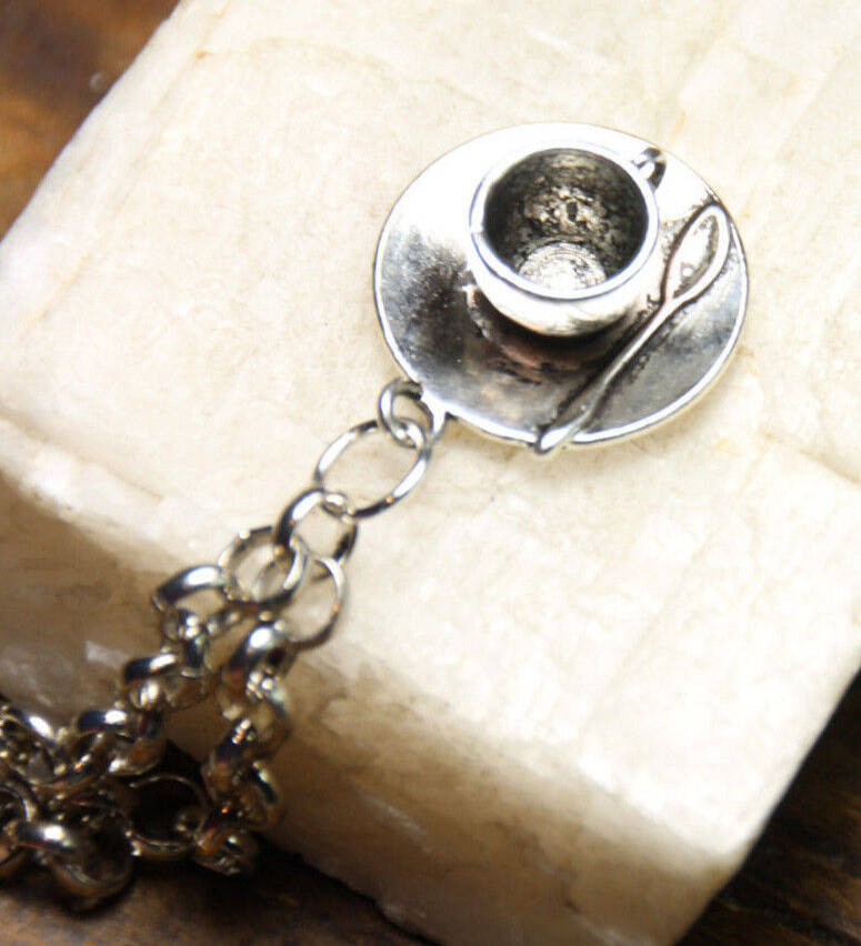 Coffee Cup Pewter Pendant Charm Silver Stainless Steel Chain 18″ Necklace