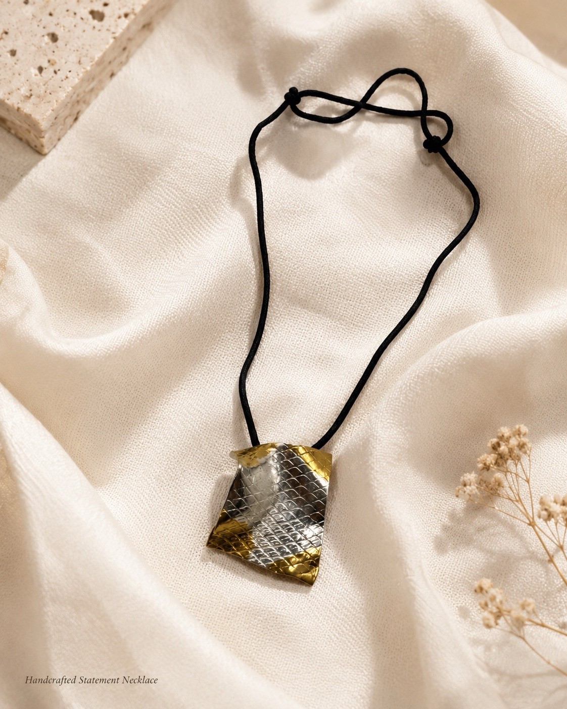 Two-Tone Textured Brass Asymmetrical Amulet Pendant Necklace Adjustable Cord
