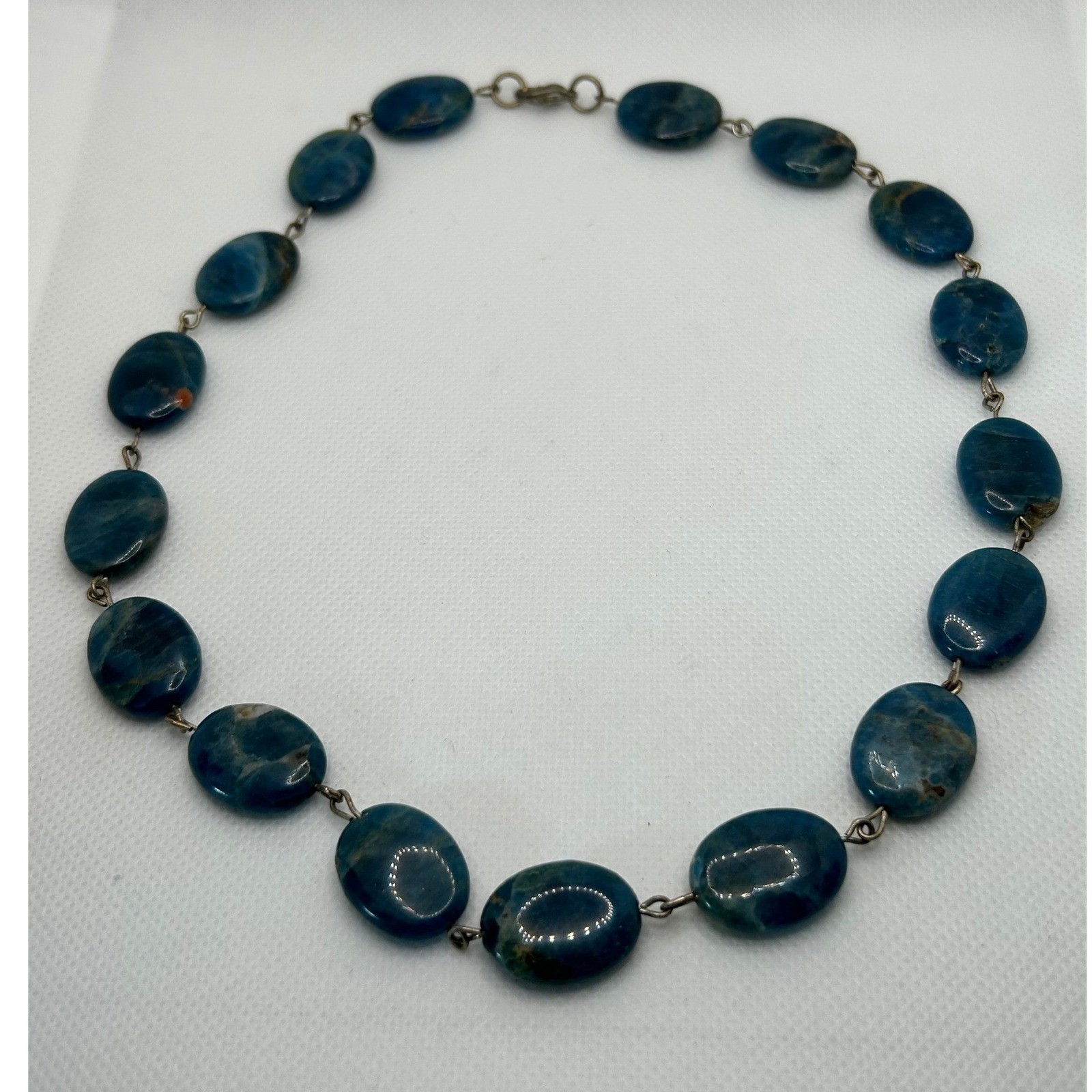 Blue Apatite Oval Stone Necklace Natural Gemstone Beaded 18 in