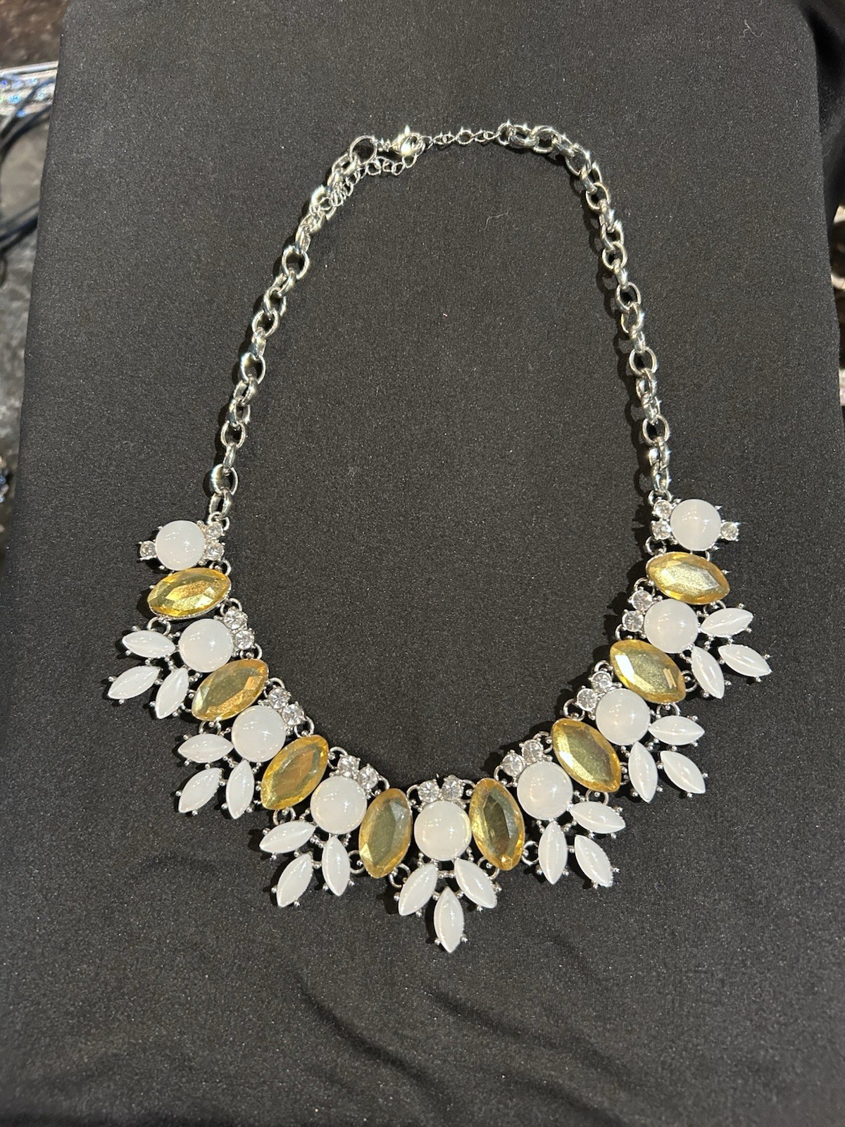 Silver Tone Bib Necklace White Rhinestone & Yellow Glass Oval Link (Halloween)