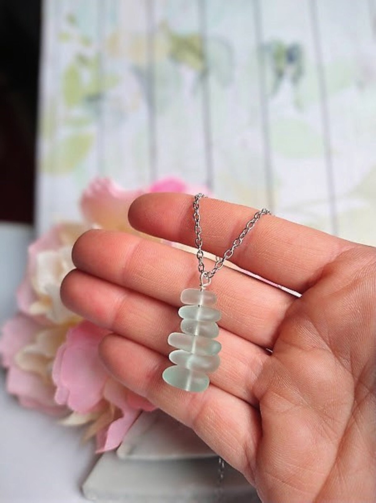 Aqua Blue Stacked Sea Glass Beach Pendant Necklace Ocean Lover’s Gift Beach