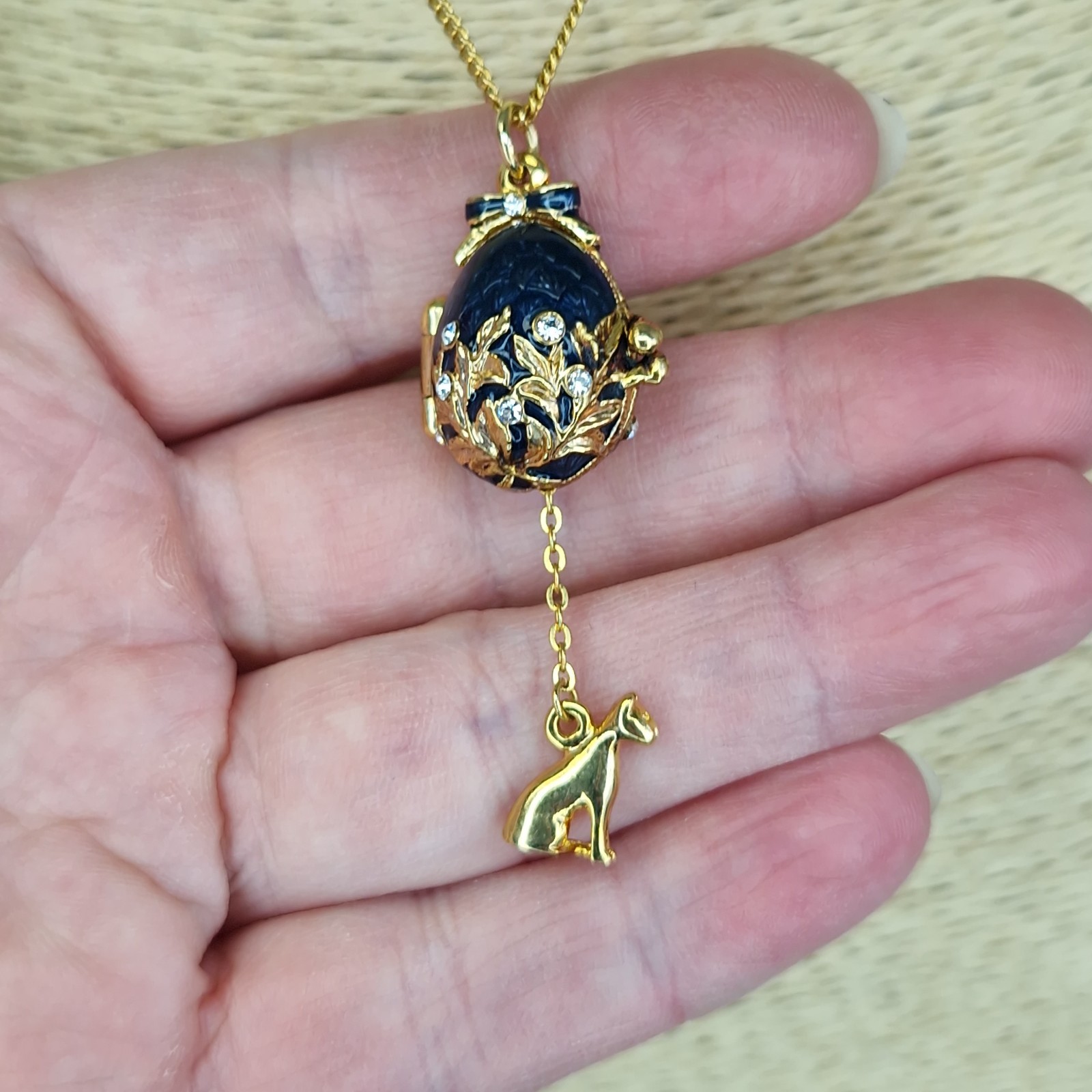Enamel Easter Egg Locket Necklace Dangly Hidden Charm Sphix Jeweled Louvre 46cm