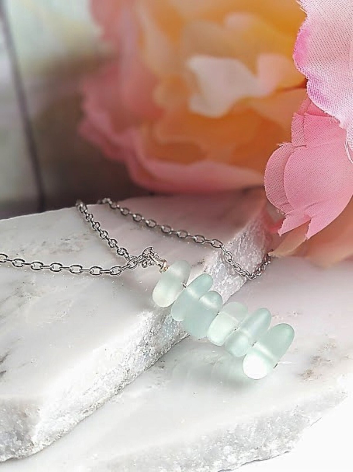 Aqua Blue Stacked Sea Glass Beach Pendant Necklace Ocean Lover’s Gift Beach