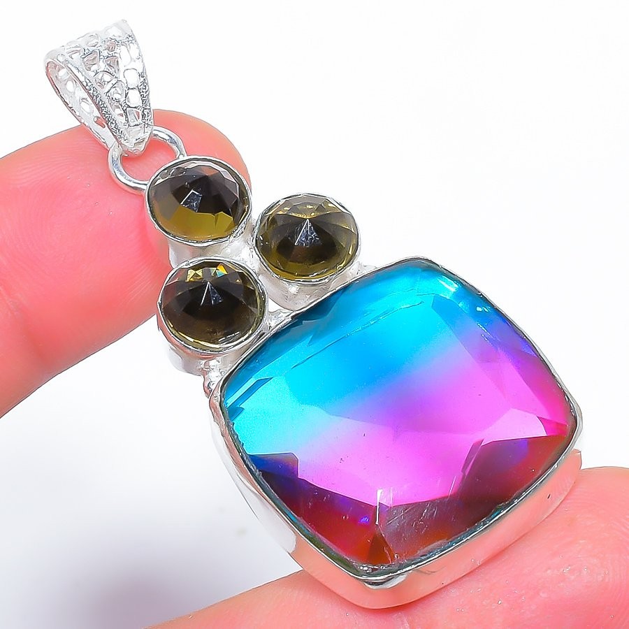 Bi-Color Tourmaline & Peridot Gemstone 925 Silver Plated Pendant 2.2″ F64