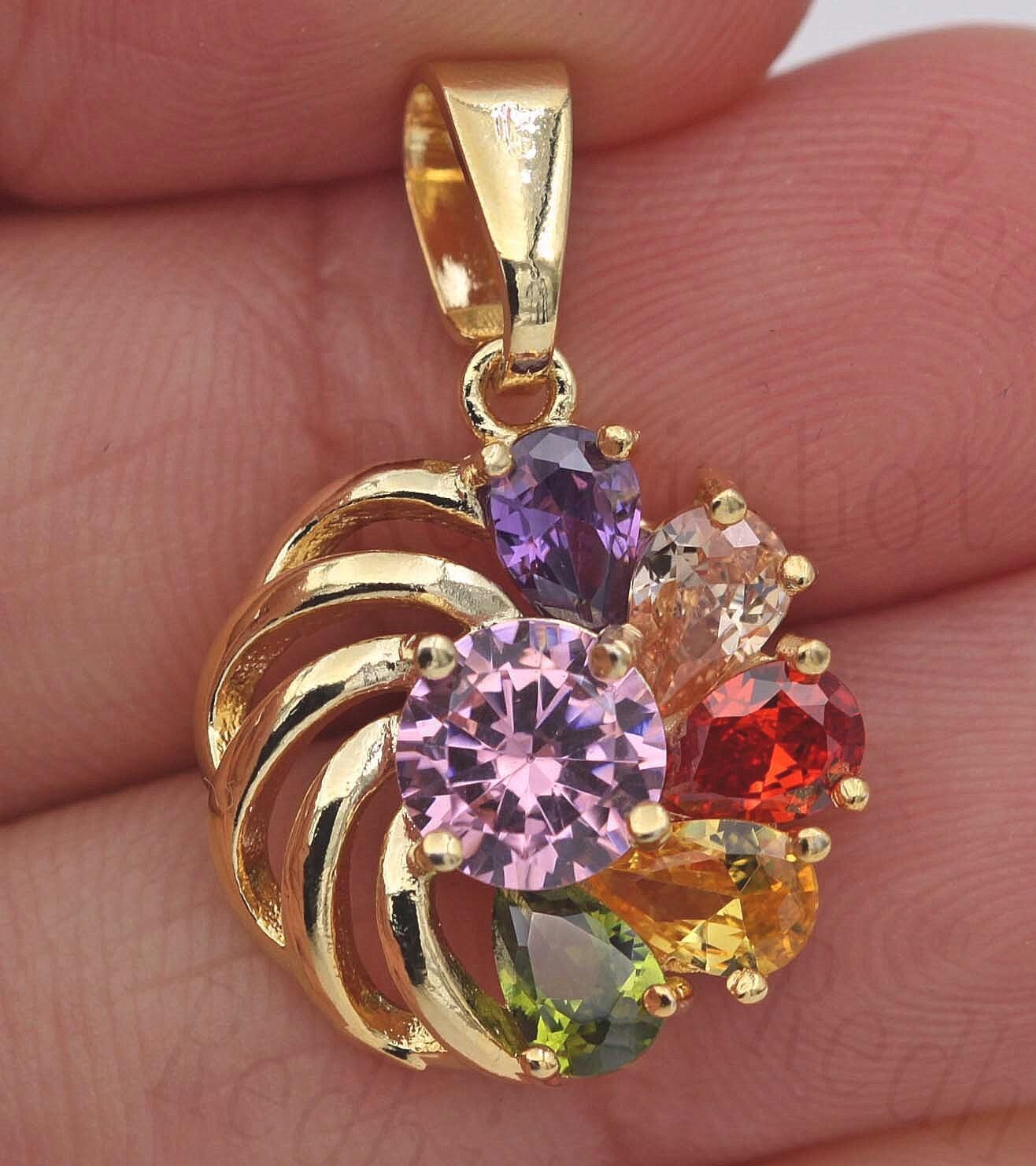18K Yellow Gold Filled Multicolor Teardrop & Round CZ Windmill Pendant Necklace
