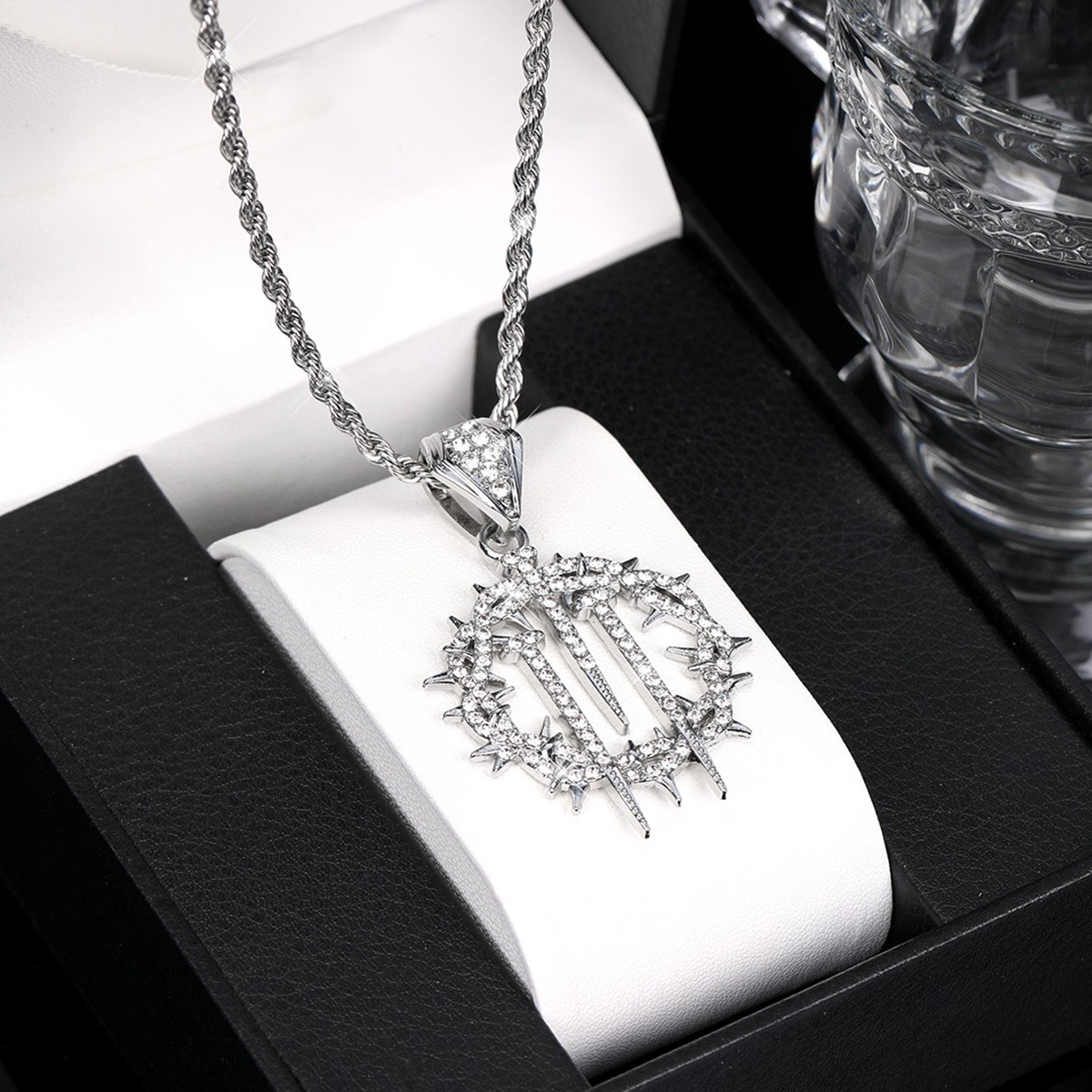 Iced Thorn Spikes Pendant Necklace Stainless Steel Twisted Rope Chain Unisex