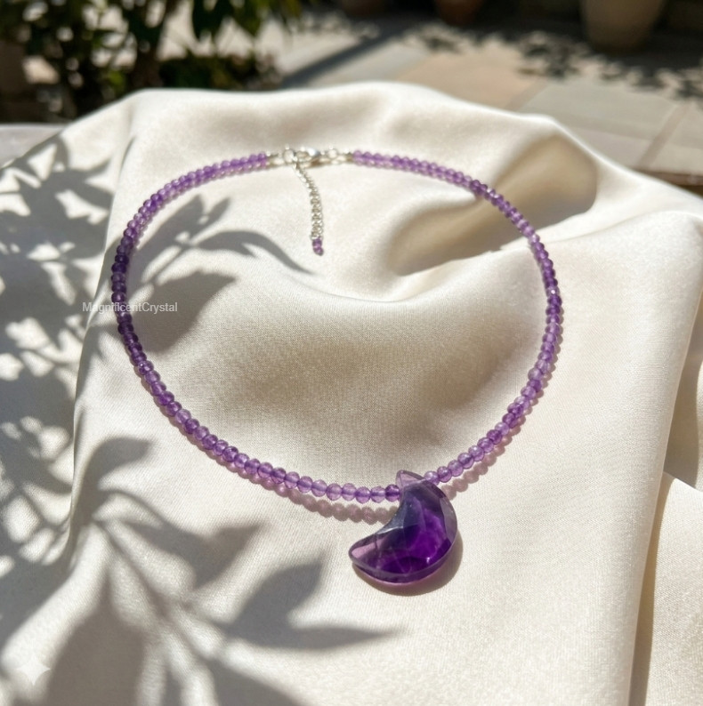 Genuine Amethyst Moon Pendant Choker Dainty Purple Crystal Necklace Women Gift