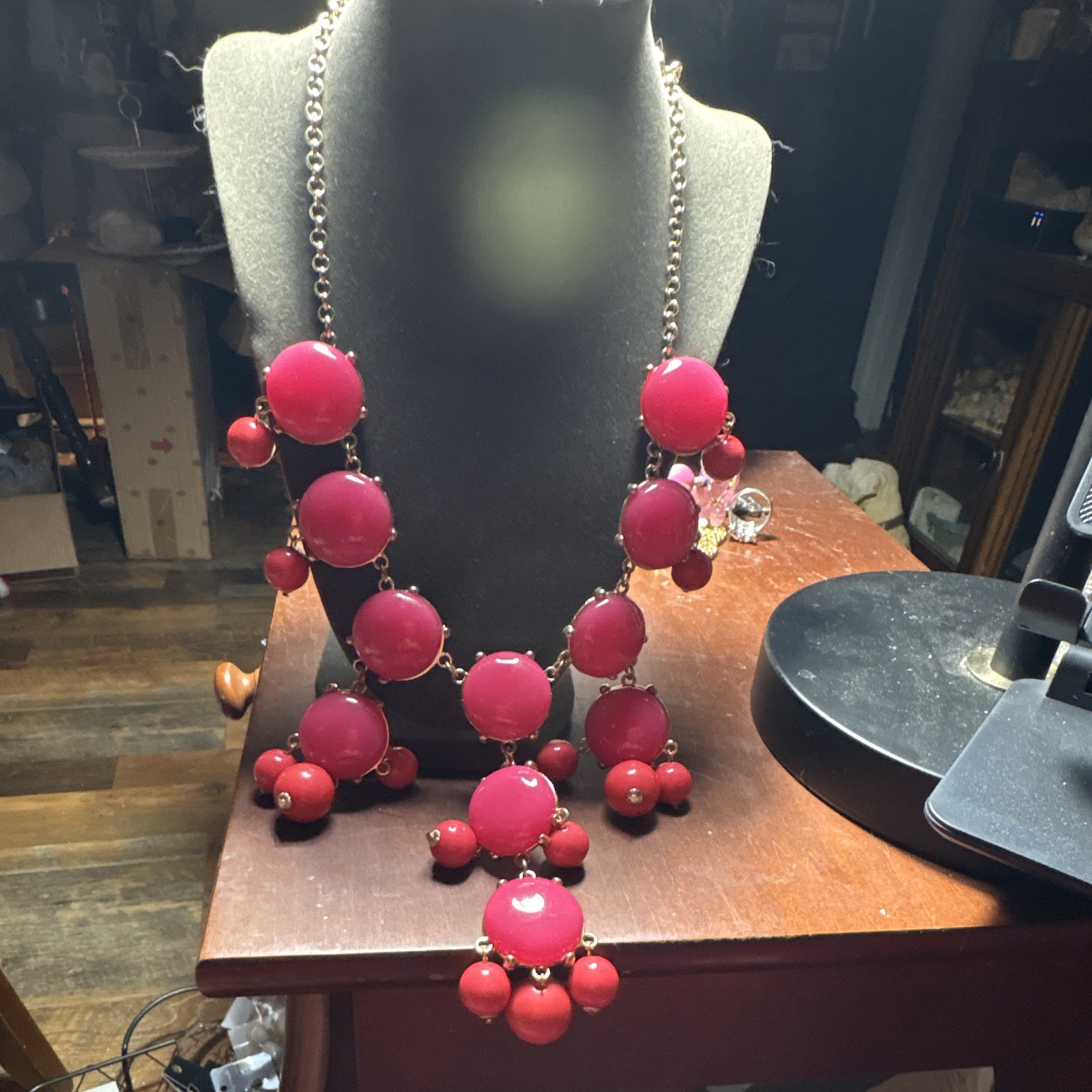 Pink Statement Beaded Necklace Round Beads Round Link Chain Adjustable Extender