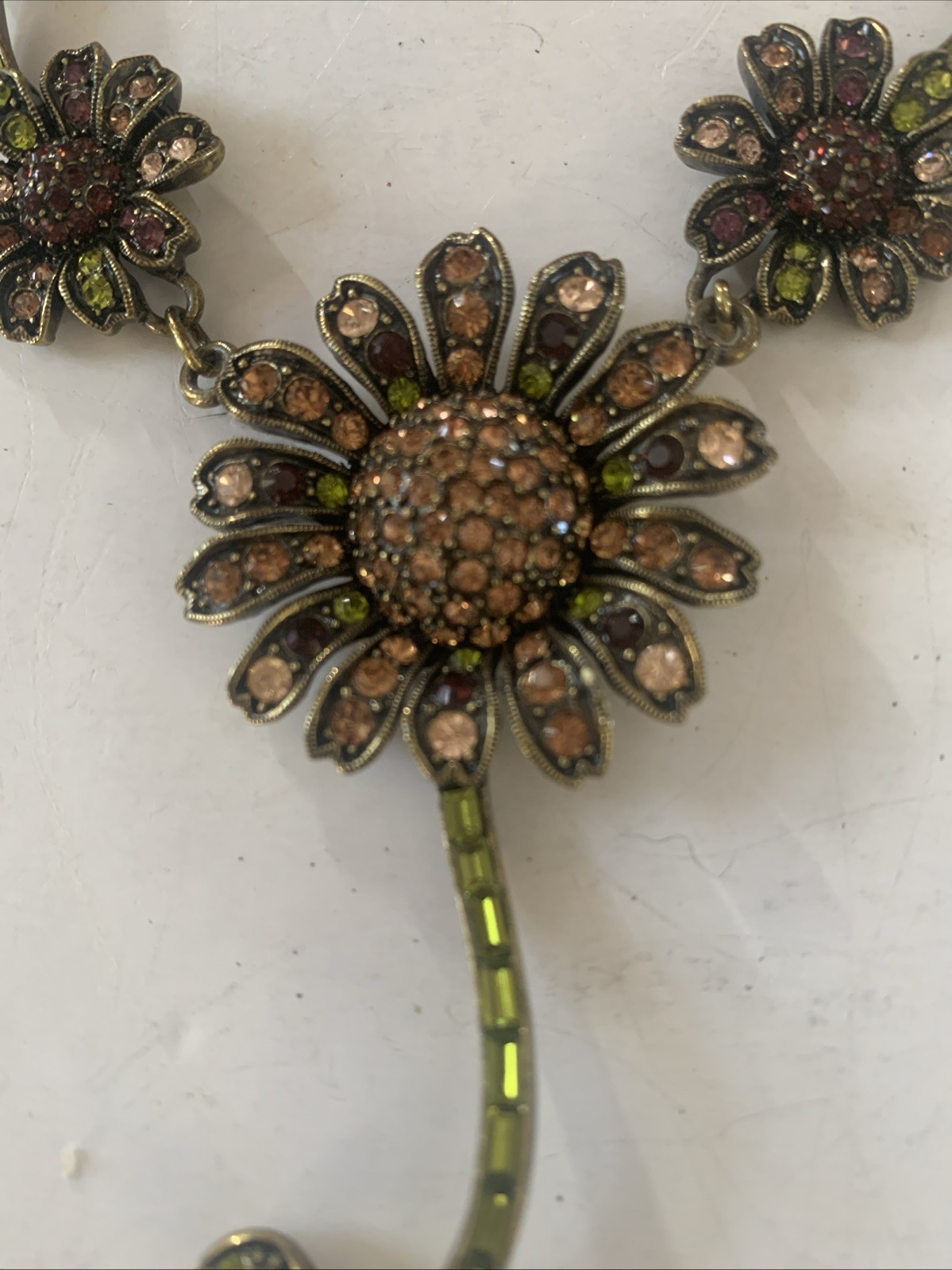 Heidi Daus Necklace Crystal Sunflower Y-Drop Champagne Faux Pearls Excellent