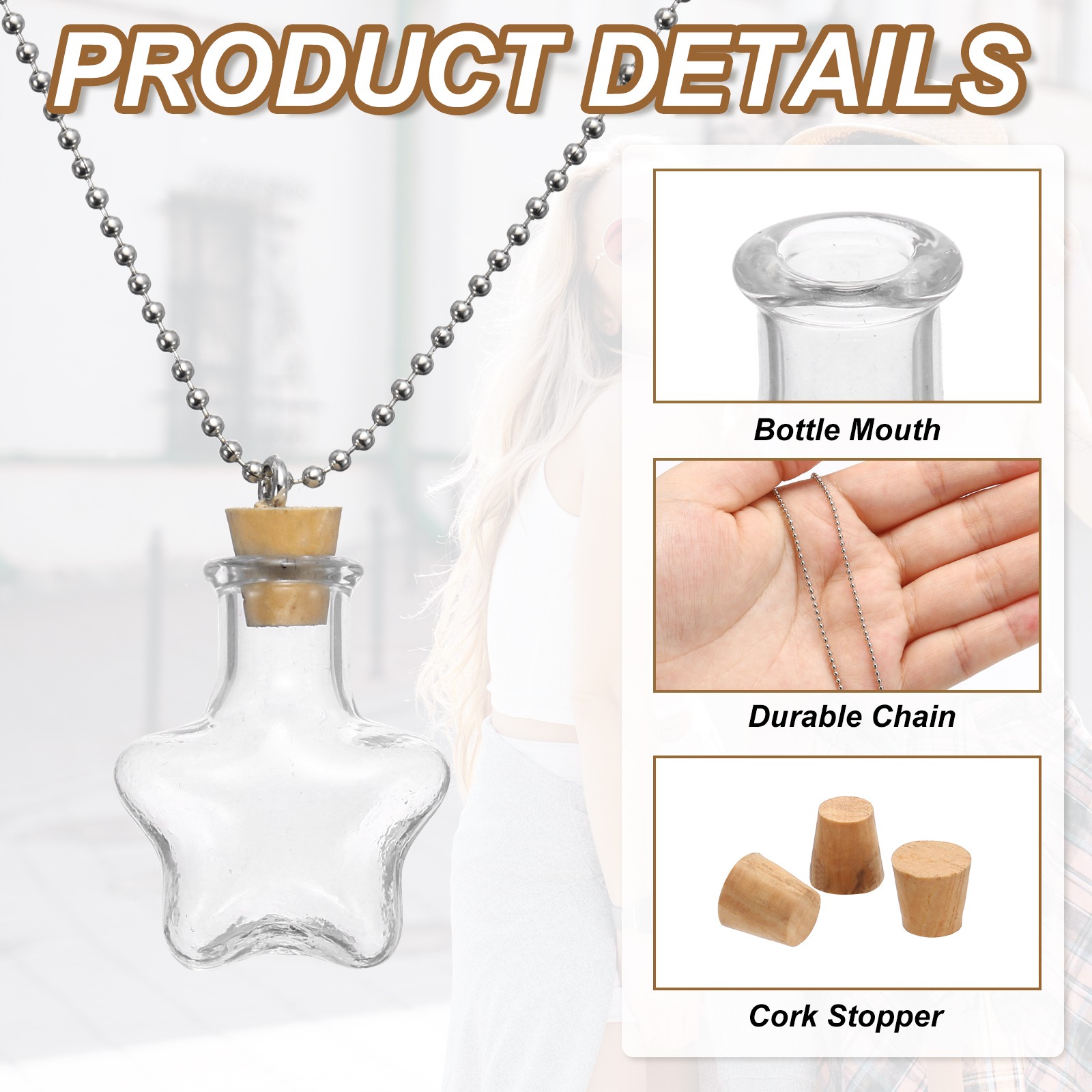 25mm Vial Necklace with Cork Stoppers Black Velvet Bag Star Shaped Clear