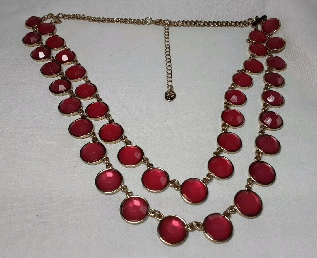 Necklace Gold Tone Red Double ( 2) Gradual Strands Faceted Disks Adj